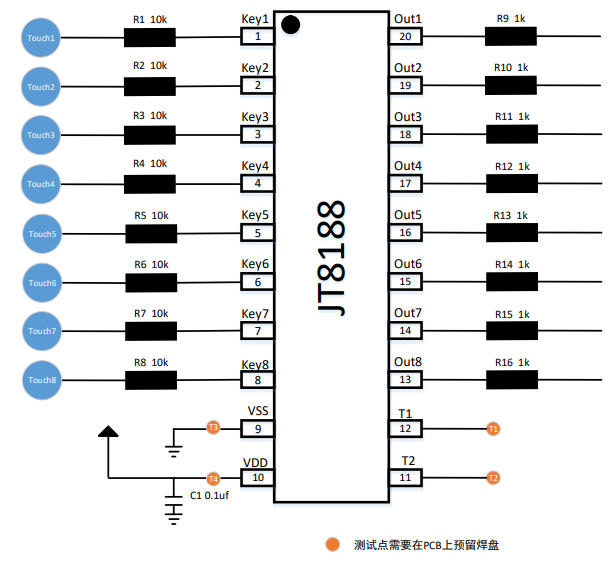 JT8188 是一款电容式东莞八按键触摸控制芯片