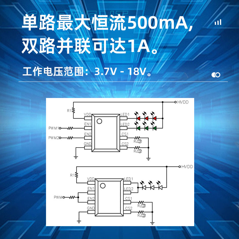 XR8141B东莞双通道LED驱动芯片，线性恒流驱动，每通道最大500mA驱动电流，并联使用最大可达1A